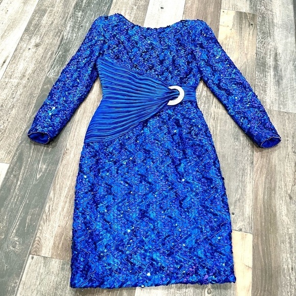 Vintage 80s George F. Couture Esther Wolf Blue Evening Gown Pleated Dress Sz 6